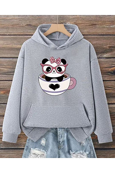 herkesemoda Hooded Sweatshirt with Cute Panda Print Detail