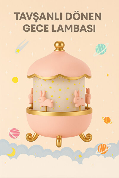 qasul Tavşan Figürlü Dönen Işıklı Müzikli Gece Lambası Çocuk Odası Dekoru