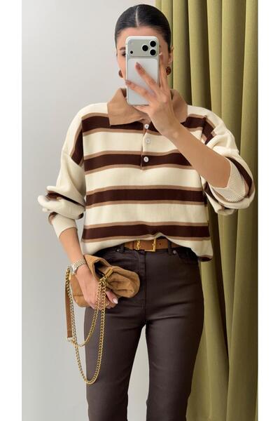 HAZELANNA Polo Neck Brown Striped Sweater