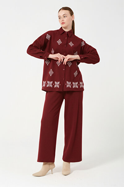 Hatun Atila Embroidered Hera Fabric Double Suit 7670 Burgundy