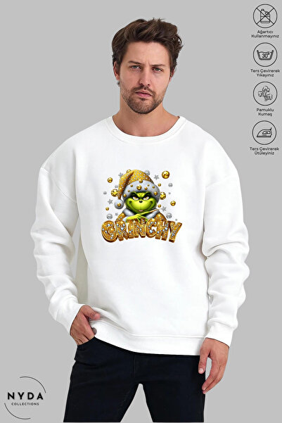 Nyda Collections Unisex Long Sleeve Grinchy Printed Crew Neck Hoodless Fleece-Lined Oversized Sweatshirt