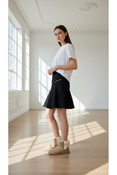 Eight Fashion Fusta neagră elegantă pentru femei, cu finisaj din tweed strălucitor și fermoar