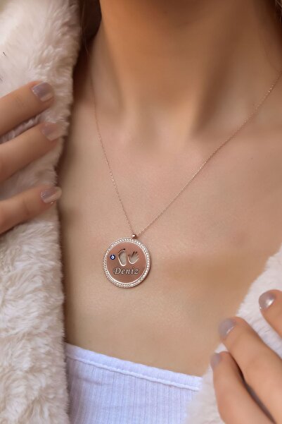 Flamingo 925 Ayar Rose Kaplama Isimli Mineli Nazar Ilk Adım Plaka Kolye
