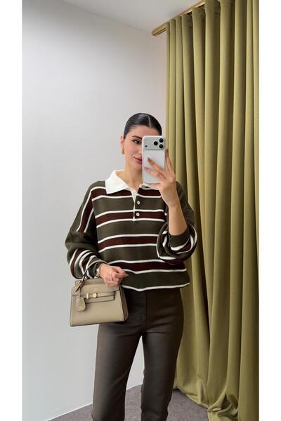 HAZELANNA Polo Neck Khaki Striped Sweater
