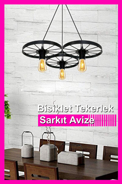 Bundera Bisiklet Tekerlek Sarkıt Üçlü Avize Metal Retro Ferforje Bar Otel Res...