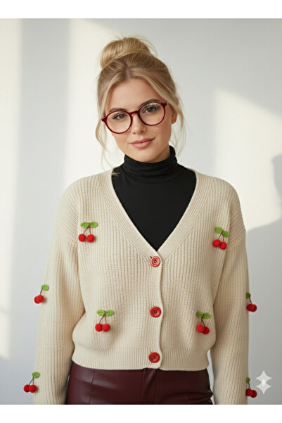 ribana Women's V-Neck Pinterest Cherry Accessory Knitted Sweater Cardigan