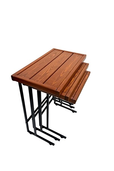 Hier Doğal Ahşap Tekerlekli Metal Ayaklı Zigon Sehpa Takımı Demonte Rustik Mo...