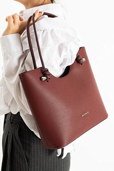 Just Polo Elite Burgundy Knot Detailed Large Internal Volume D Leather-Look Women's Hand and Shoulder Bag Pbu2207
