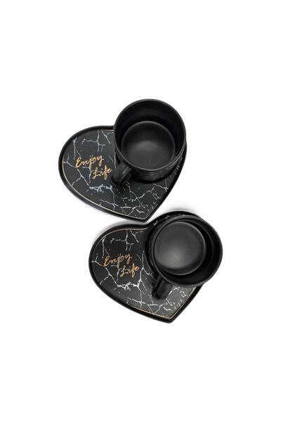 OEM Set of 2 Heart-Shaped Cups with Saucers – White Marble Pattern, Elegant Design “Enjoy Life”