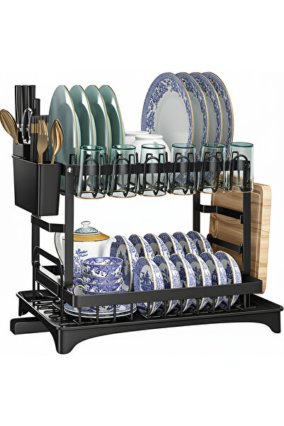 Teno ® Double Dish Rack, automatic drainage, cutlery holder, plate and bowl storage, black