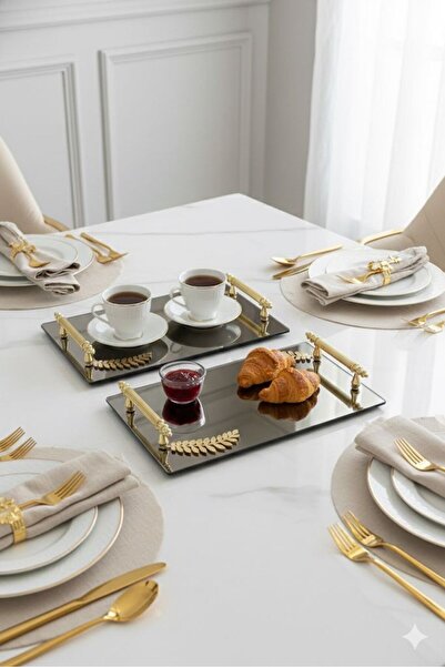 Mirsa Global صينية تقديم مزخرفة بنمط أوراق الشجر مع مرآة، صينية شاي، صينية شاي فاخرة