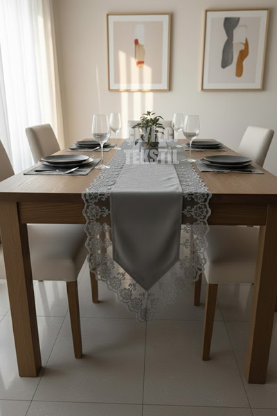 Çt Çeyizci Tekstil Velvet Lace Detailed Gray Runner (140X40Cm)