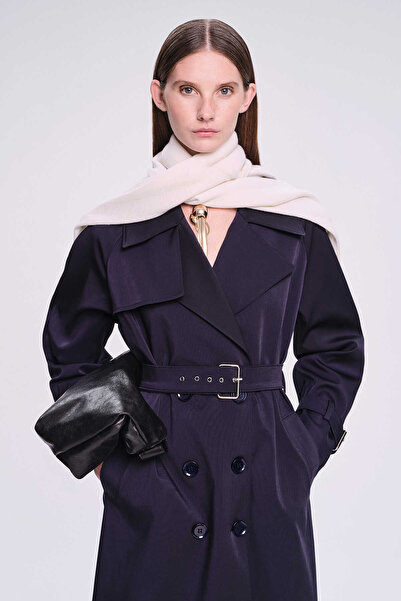 Hatemoğlu Saykı Woman Navy Blue Slim Fit Mono Collar Cotton Trench Coat