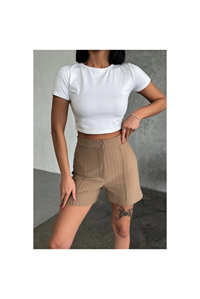 byhodi High Waist Crepe Stretchy Striped Shorts Beige, Offering Elegance and Elegance Together