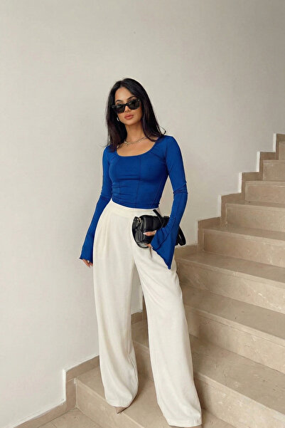 World Fashion Trends Women's long-sleeved square collar sleeve flounced back low-cut stitching detail blouse