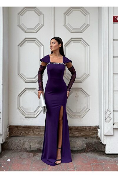 Modafeminen Slit Dress in Fish Cut Form with Long Lace Sleeves 583349 Purple
