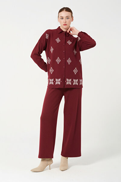 Hatun Atila Embroidered Hera Fabric Double Suit 7670 Burgundy