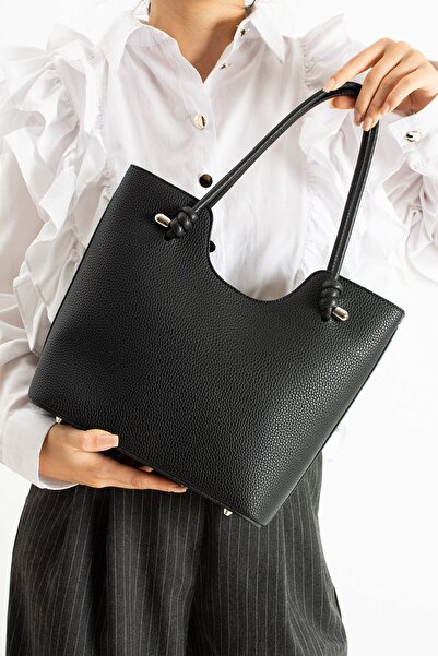 Just Polo Elite Black Knot Detailed Large Capacity D Leather-Look Women's Hand and Shoulder Bag Pbu2207