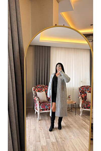 fatma keskin linna butik Women's Gray Belted Long Cardigan with Pockets