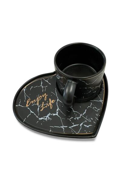 OEM Set of 2 Heart-Shaped Cups with Saucers – Black Marble Pattern, Elegant Design “Enjoy Life”