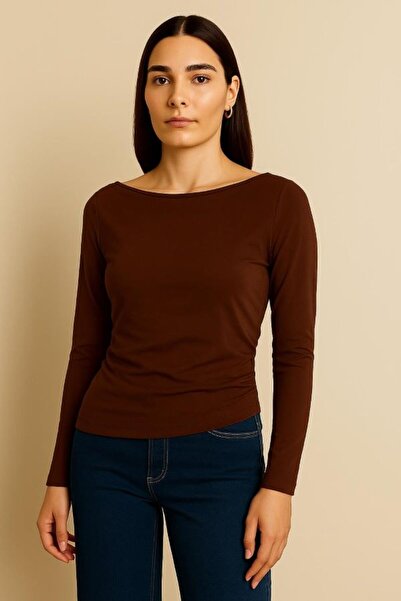 BY HUPE Πλεκτή μπλούζα Sandy λεπτομέρεια με σούρες με ανοιχτό ώμο