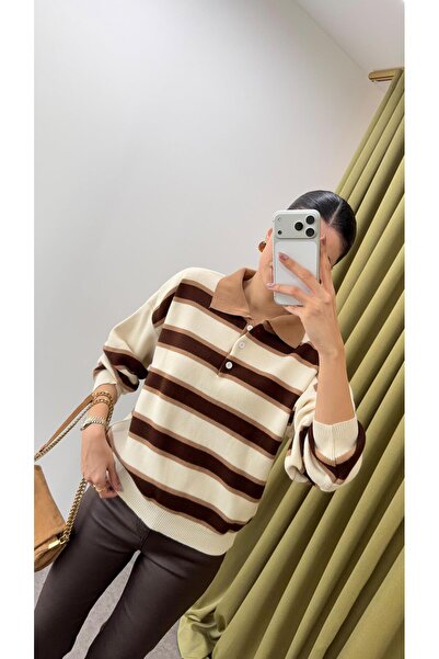 HAZELANNA Polo Neck Brown Striped Sweater