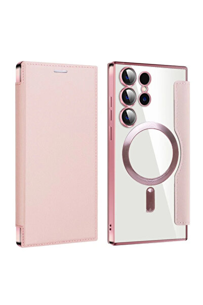 Samsung Θήκη MagFlip για S24 Ultra (S928), Μαγνήτης, Προστασία RFID, Δέρμα, Χρωμιωμένη Άκρη, Ροζ