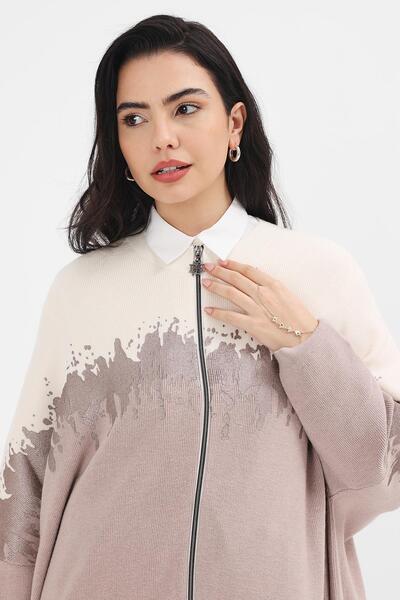 Uludağ Triko Women's Sand Ecru Printed Kepenek Poncho