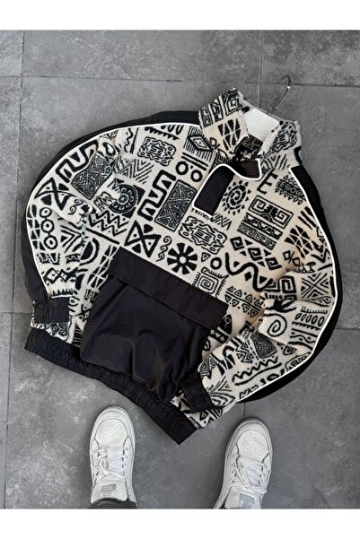 TÜZeMEN Patterned Plush Sweatshirt with Pocket Detail