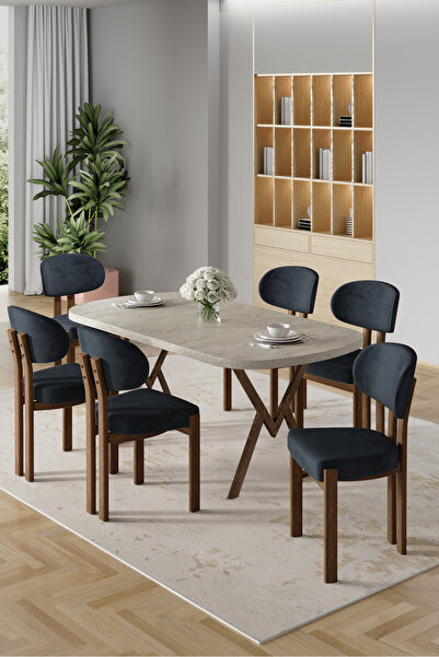 Canisa Radon Serisi MDF 90x168 Sabit Traverten Mutfak Masa Takımı 6 Antrasit ...