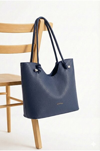 Just Polo Elite Navy Blue Knot Detailed Large Internal Volume D Leather-Look Women's Hand and Shoulder Bag Pbu2207