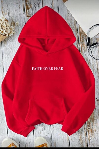 herkesemoda Hooded Sweatshirt with Fait over Print Detail