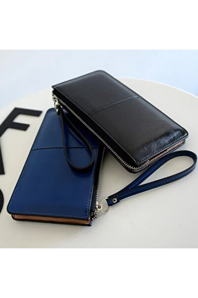 CRM Women's Leather Wallet with Zipper, Black, 21 x 11.5 cm