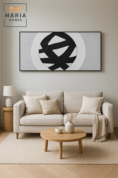 MARIA HOMES Black and White Circular Abstract Wall Art – Modern Textured Minimalist Canvas for Home 140*70CM