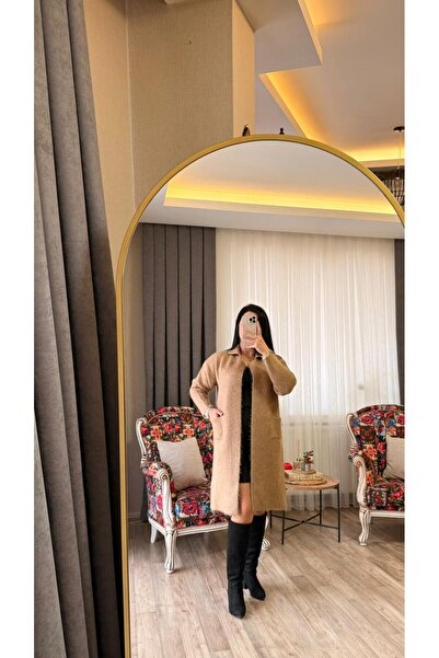 fatma keskin linna butik Women's Milk Coffee Belted Long Cardigan with Pockets