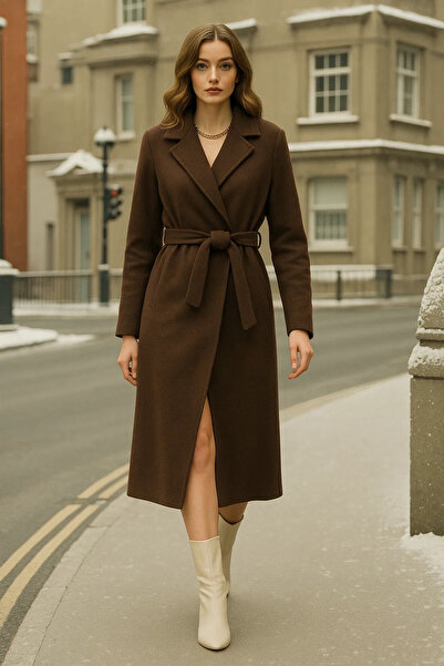 comstar Γυναικείο παλτό Premium Brown Cashmere διπλό πέτο