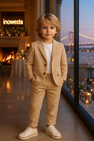 inowesta trend Erkek Çocuk ÜST KALİTE %100 PAMUK-Keten Salaş Ceket T-shirt Pantolon Üçlü Spor Takım Elbise 3’Parça