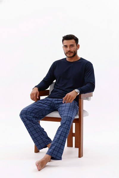 Pijamasoft طقم بيجامة رجالي من القطن المحبوك بأكمام طويلة وجيوب باللون الأزرق الداكن والفيروزي مطبوع