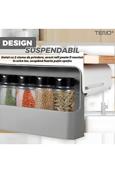 Teno ® Hanging Spice Organizer, 6 containers with lids, easy to install, retractable, grey