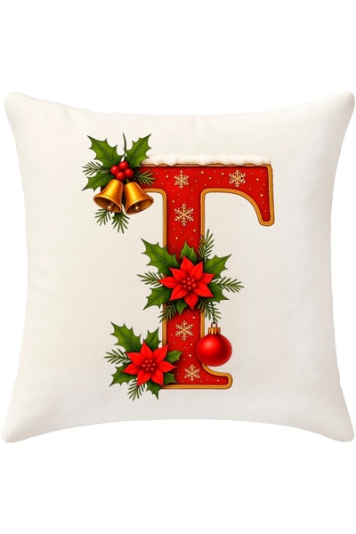 MİNOZA Digital Printed Red Letter t Decorative Throw Pillow Cover with Christmas Pine Decoration