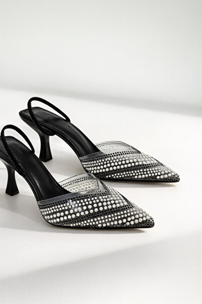 Beyond Women's Black Transparent Pearl Stone Pointed Toe Evening Dress Shoes 8.5 cm Byndprs07