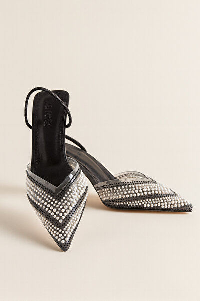 Beyond Women's Black Transparent Pearl Stone Pointed Toe Evening Dress Shoes 8.5 cm Byndprs07