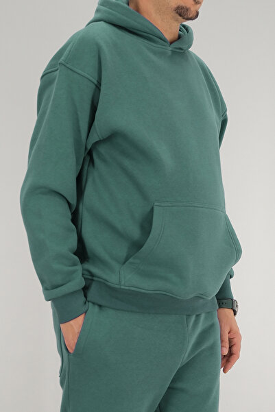 Souris Men's Petrol Green Oversized Hooded Sweatshirt 3 Thread Fleece-Lined Kangaroo Pocket