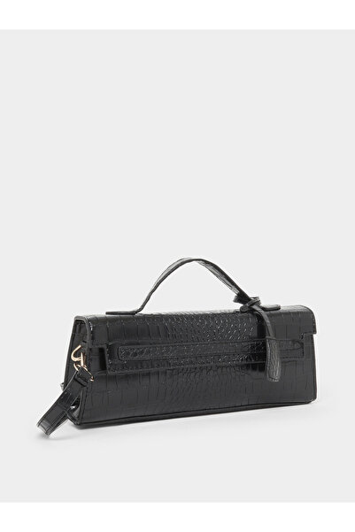 Styli Black Croc Textured Barrel Crossbody Bag with Top Handle