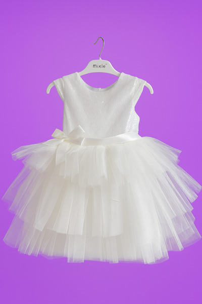 mixie kids KIZ BEBEK ÇOCUK BEYAZ PULLU ABİYE KABARIK GELİNLİK ELBİSE