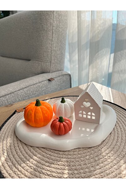 TKC HOME Yılbaşı Koleksiyonu Dekoratif 5’li Set Ev Mumluk, 3 boy Balkabağı, A...