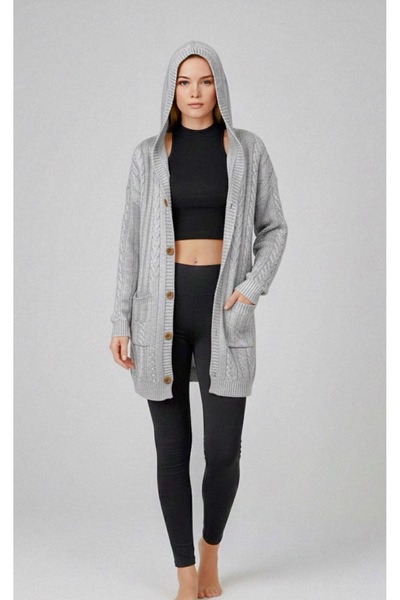 rushana Women's Hooded Pocket Buttoned Long Wide Comfortable Fit Knitwear Car...