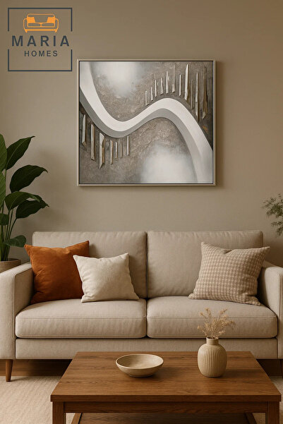 MARIA HOMES لوحة جدارية تجريدية فضية - ديكور عصري بموجة معدنية لغرفة المعيشة 100*100 سم