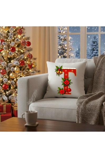 MİNOZA Digital Printed Red Letter t Decorative Throw Pillow Cover with Christmas Pine Decoration