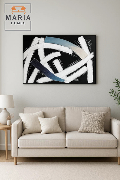 MARIA HOMES Black and White Abstract Textured Wall Art – Modern Blue Accent C...